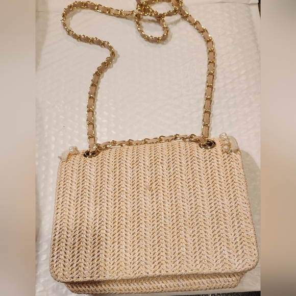Vintage Tan/Cream Pearl Beaded Woven Handbag with Gold Accents - Picture 2 of 4